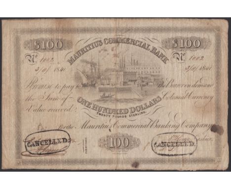 Mauritius, Mauritius Commercial Bank, $100, 3 August 1841, serial number 1002, Houghton, Giquel and Hugon signatures, two CAN