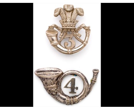 Badges of the Cornwall Rifle Volunteers. A white metal bugle-horn kepi-badge of the 3rd CRV, surmounted by the Prince of Wale
