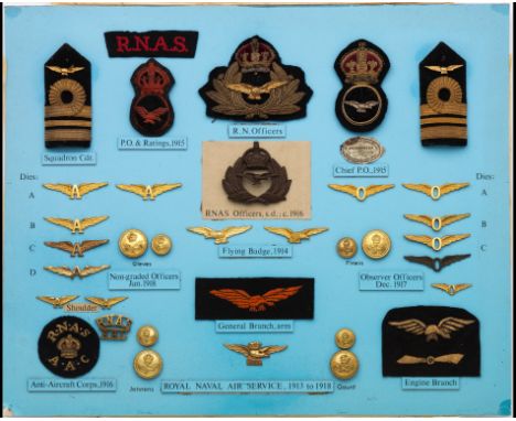 Royal Naval Air Service and early Royal Air Force insignia and buttons, 1914 - 1918.                         RNAS embroidered