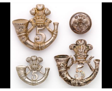 Badges of the 5th Cornwall Rifle Volunteers. An officer's silver-plate shako or kepi-badge, strung bugle-horn with Prince of 