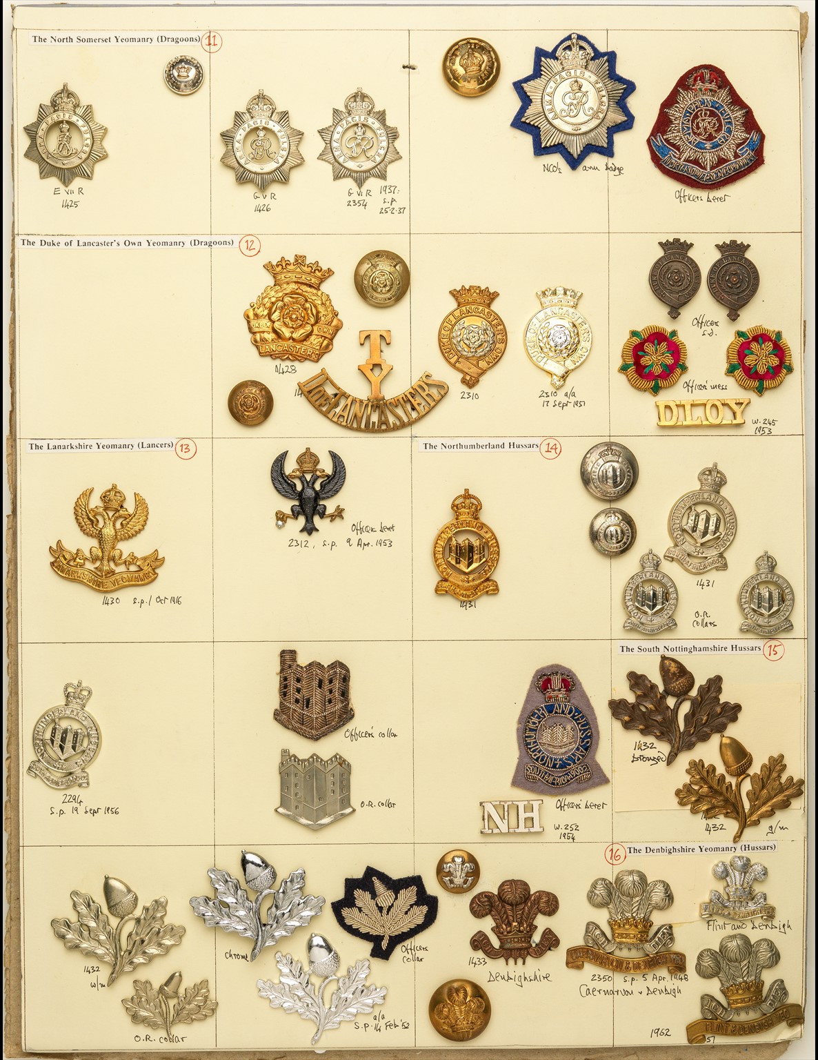 Insignia of Yeomanry Regiments A card of cap and collar-badges, buttons ...