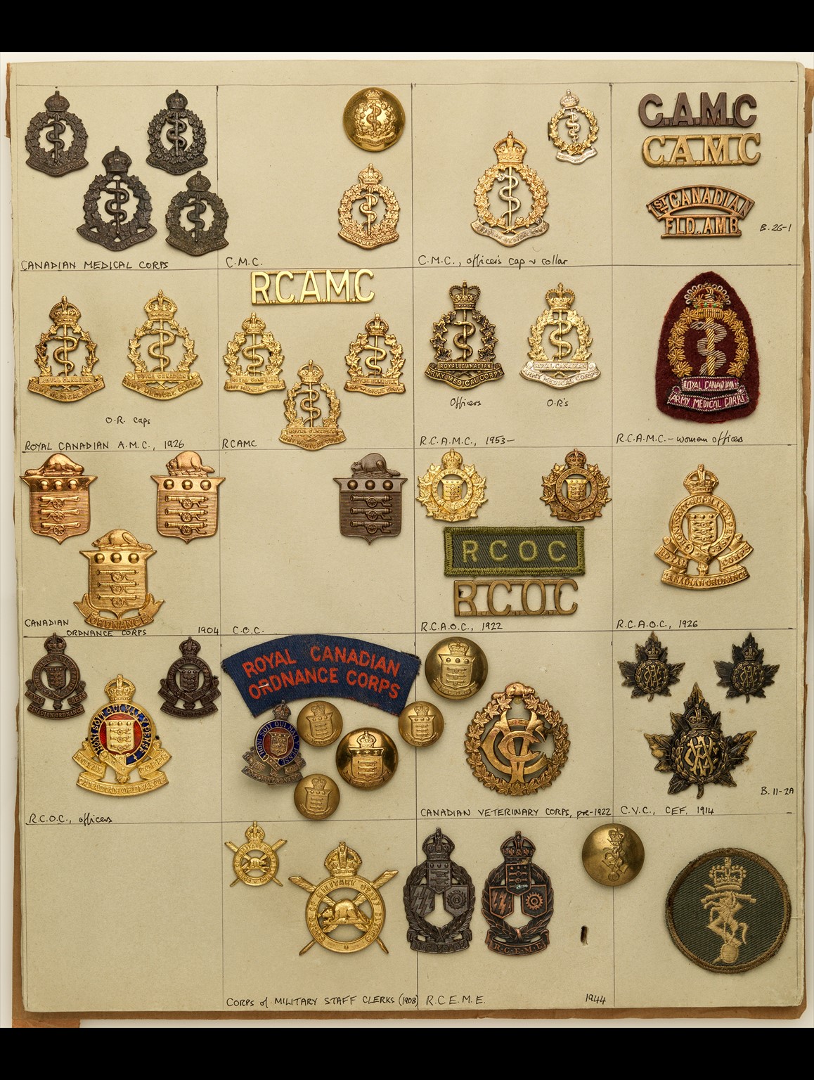 Canadian Military Insignia A card of cap and collar-badges, buttons and ...