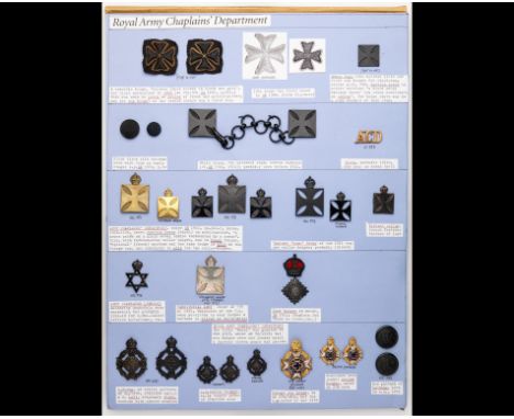 Army and Air Force Chaplains and SRA Insignia  A card bearing pre-1952 cap and collar-badges of the Royal Army Chaplains Depa