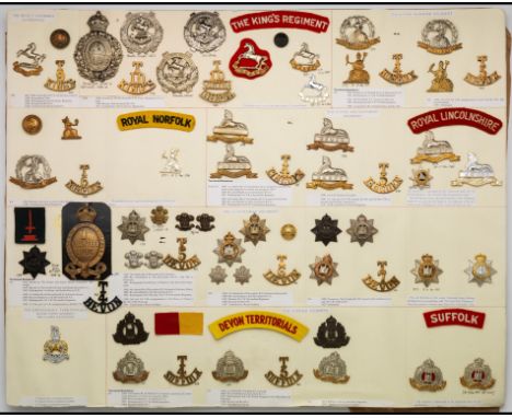 Insignia of Territorial Infantry Battalions A card bearing cap and collar-badges, buttons and shoulder-titles (cloth and meta