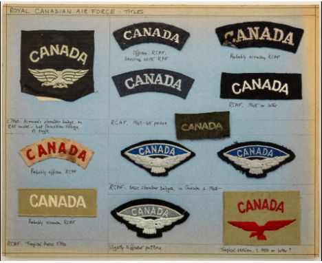 Royal Canadian Air Force Shoulder Titles, Rank and Trade badges 1940s - 1950s                     One card of Officers' and A