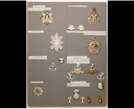 Badges of Infantry Regiments. A card bearing QEC period metal cap and collar-badges of the Royal Scots, KOSB, Black Watch, Ar