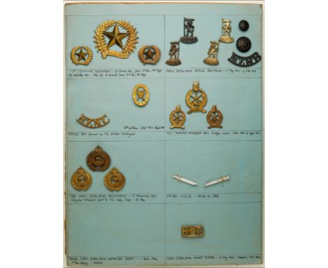 New Zealand Regimental Insignia A card with WW1 period cap and collar-badges of the 17th (Ruahine) Regiment; collar-badges, b