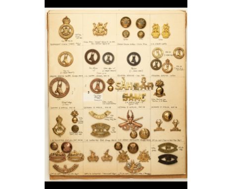 Badges of South African Staff and WW1 Contingents A card with metal cap and collar-badges and shoulder titles of Staff, Imper