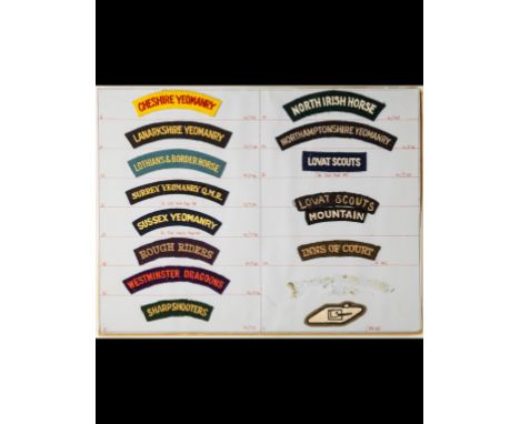 Insignia of Yeomanry Regiments A card with embroidered cloth shoulder-titles, mainly of regiments formed c.1900: the Surrey, 