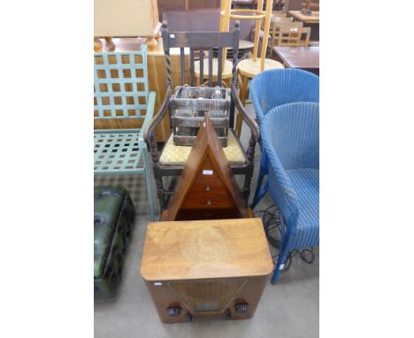 A vintage radio, a barleytwist chair and a triangular chest, etc.