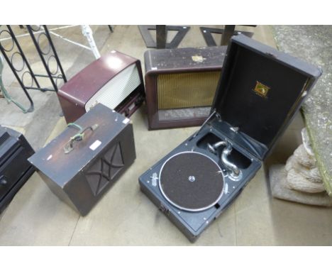 Two vintage radios, speaker and a portable gramophone