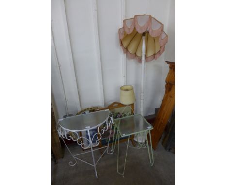 Two wrought steel tables, painted standard lamp, firescreen, mirror and three prints