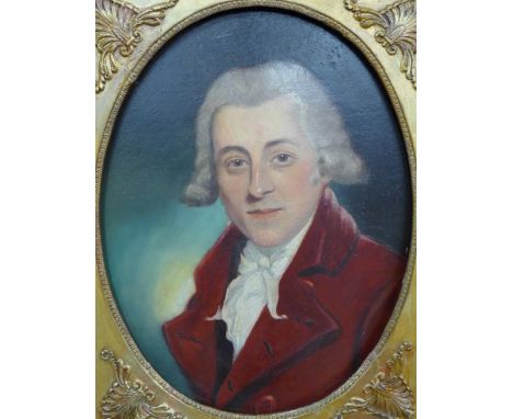 English School (early 19th Century), oval portrait of a gentleman in a red coat, oil on canvas, 48 x 36cms, framed