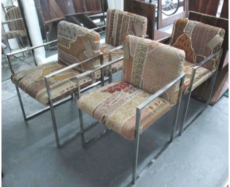 ARMCHAIRS, a set of four, Contemporary design, the vibrant tapestry upholstery over chrome supports. (4)