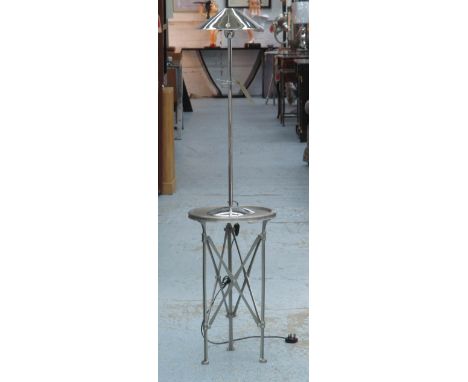 OCCASIONAL TABLE, circular botted lattice base, chromed metal 36cm x 62cm, with chromed lamp, 84cm H. (2)