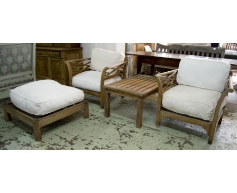 JULIAN CHICHESTER GARDEN CHAIRS, a pair, teak with lattice arms, white cushions, 86cm x 75cm, a square stool 81cm and a low t