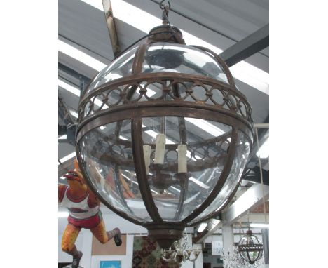 HANGING LANTERN, three branch globe in a bronzed frame, 51cm diameter plus chain.