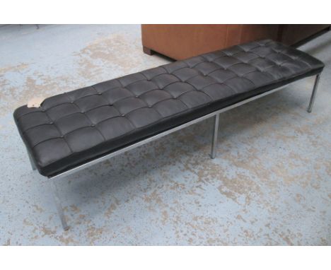 BENCH, with black leather buttoned top on chromed metal frame in the style of Florence Knoll, 183cm x 54cm x 40cm H.