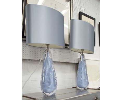 PORTA ROMANA AVOCADO LAMPS, a pair, in a blue pearl blown glass, with silver satin shades, 72cm H. (2)
