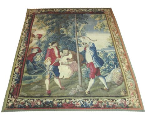 17th CENTURY AND LATER AUBUSSON TAPESTRY, hunting scene with archers and lovers, 265cm x 232cm. (with faults)