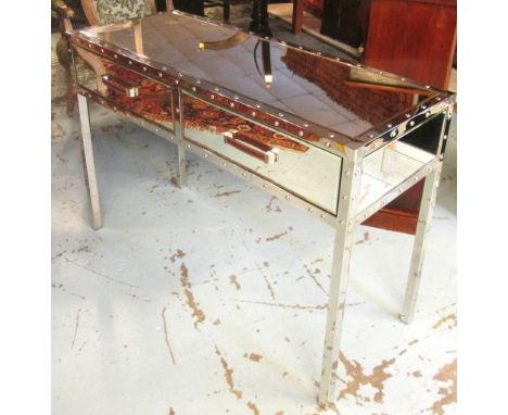 CONSOLE TABLE, with a rectangular bevelled glass top and sides, two short drawers below, on square supports, 122cm W x 79cm H