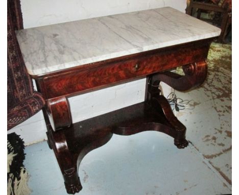 CONSOLE TABLE, 19th century French, Louis Philippe, flame mahogany, with white marble top and frieze drawer, 83cm W x 41cm D 