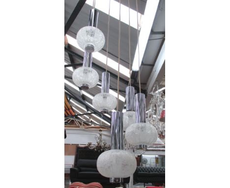 HANGING PENDANT LAMP, with six glass shades and chrome sleeves, 1970s, approx 155cm H.