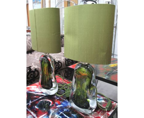 LAMPS, a pair, Porta Romana, green perfume bottle style, blown glass stands, with nickel plated brass fittings, green silk la