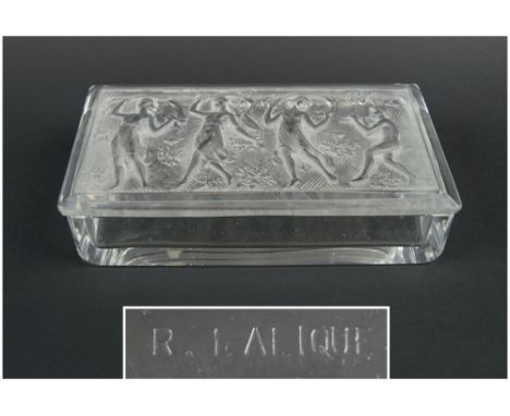 LALIQUE STYLE TRINKET BOX, of rectangular form, the detachable lid moulded with a design of Pan and three dancers, engraved '