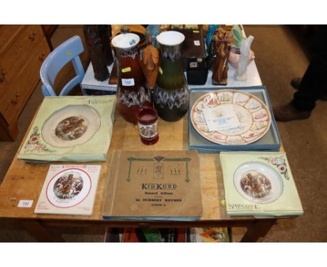 Two pottery vases; an Italian table lighter base; a Wedgwood sailing ship plate; two Springdale plates; a ceramic stand and a