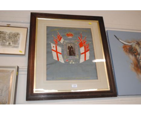 WWI Large Memorial tapestry with photograph, contained in oak and glazed frame 