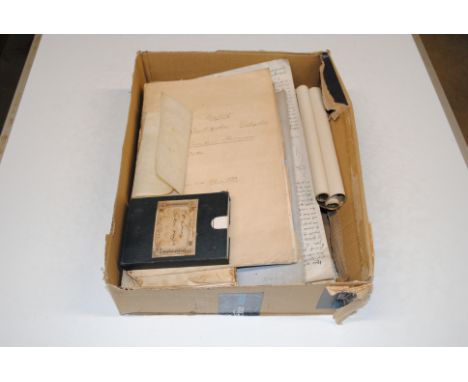 A box of antique ephemera to include folding Ordnance Survey map of Suffolk, 19th Century documents, a section of a book rela