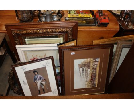A collection of various pictures and prints to include L S Lowry, hunting prints, limited edition print of Lester Piggott, wa