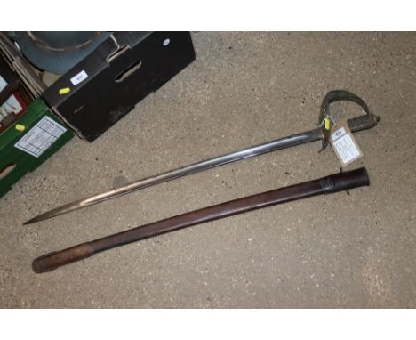An 1897 NCO sword with plane slightly curved blade; various inspectors marks in unusual leather covered scabbard. This item c