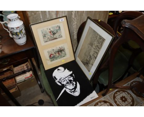 A black and white print depicting a town scene; two hunting prints in a common frame; M Haigh, study of a coal miner, unframe