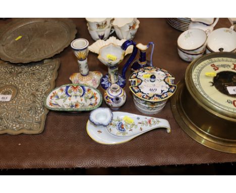 Seven pieces of Continental pottery to include storage jar and cover, miniature ewer, chamber stick etc.