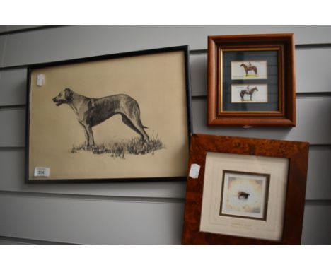A framed pencil drawing of a hunting dog signed LAB and two other framed items on a sporting theme