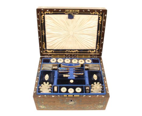 A fine rosewood and inlaid wire, mother of pearl and abalone shell sewing box, circa 1860, of rectangular form, the front and