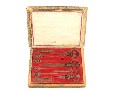 An unusual 19th century Italian steel sewing set, most pieces stamped "G.T.", made for Mariuccia Russo, contained in a tooled