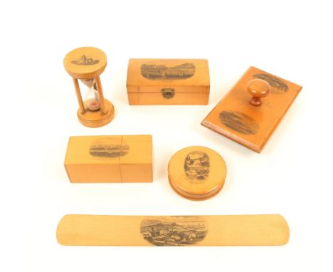 Six pieces of Mauchline ware, comprising; an egg timer (St. Cadvans, Towyn Y Towyn From Railway), 8.6cm, a curved blotter (Pr
