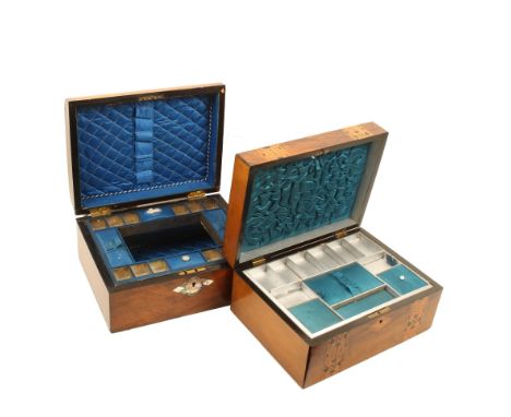 Two mid-Victorian rectangular sewing boxes, comprising; a burr walnut dome top example with mother of pearl and abalone shell