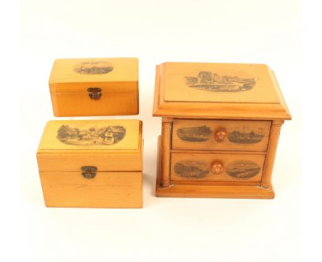 Three pieces of Mauchline ware, comprising; a miniature chest of two drawers (Hastings Castle/Queens Hotel/Pier/Carlisle Para