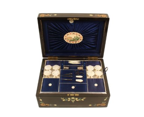 A mid-Victorian rectangular sewing box, the ebonised ground inlaid to the lid and front with mother of pearl and abalone flow