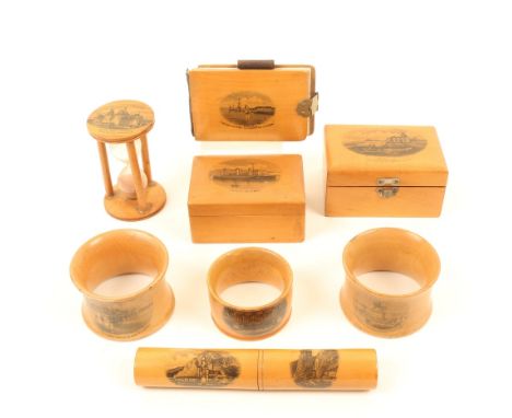 Eight pieces of Mauchline ware, for the French market, comprising; a hinged lid rectangular box (Ostende, Pavilion Du Roi Et 
