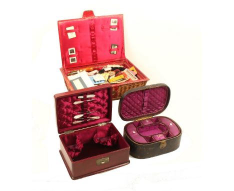 Three Victorian sewing boxes, comprising; a rectangular red leather covered example with handle to lid, silk and velvet lined