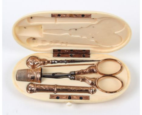 A 19th century ivory cased sewing set, the ivory case of rounded end rectangular form, monogrammed to the lid "H. R.", the in