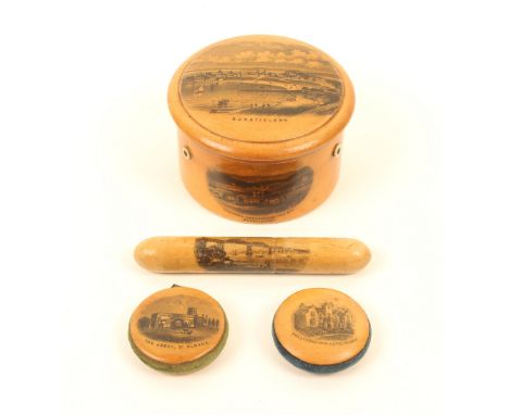 Four pieces of Mauchline ware, comprising; a circular reel box with domed cover and three bone side apertures (Burnt Island/K