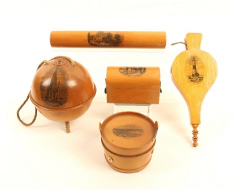 Five pieces of Mauchline ware, comprising; a large bellow form pincushion (Beach Head Lighthouse), s.d., 18cm, a wool ball on