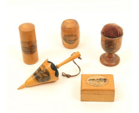 Four pieces of Mauchline ware, comprising; an umbrella form pincushion (Ann Hathaway's Cottage, Near Stratford-upon-Avon), 14