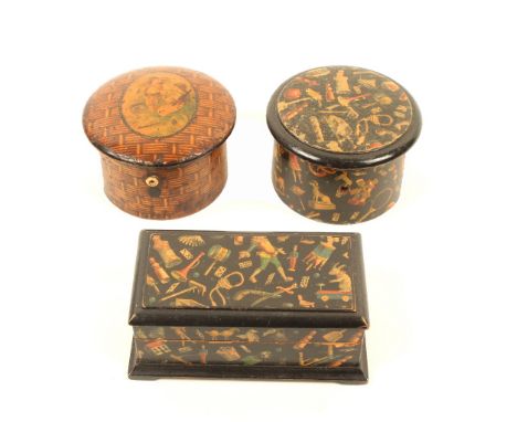 Three pieces of Mauchline ware, comprising; a rectangular reel box in the toys and games pattern, internal Clark & Co. Anchor